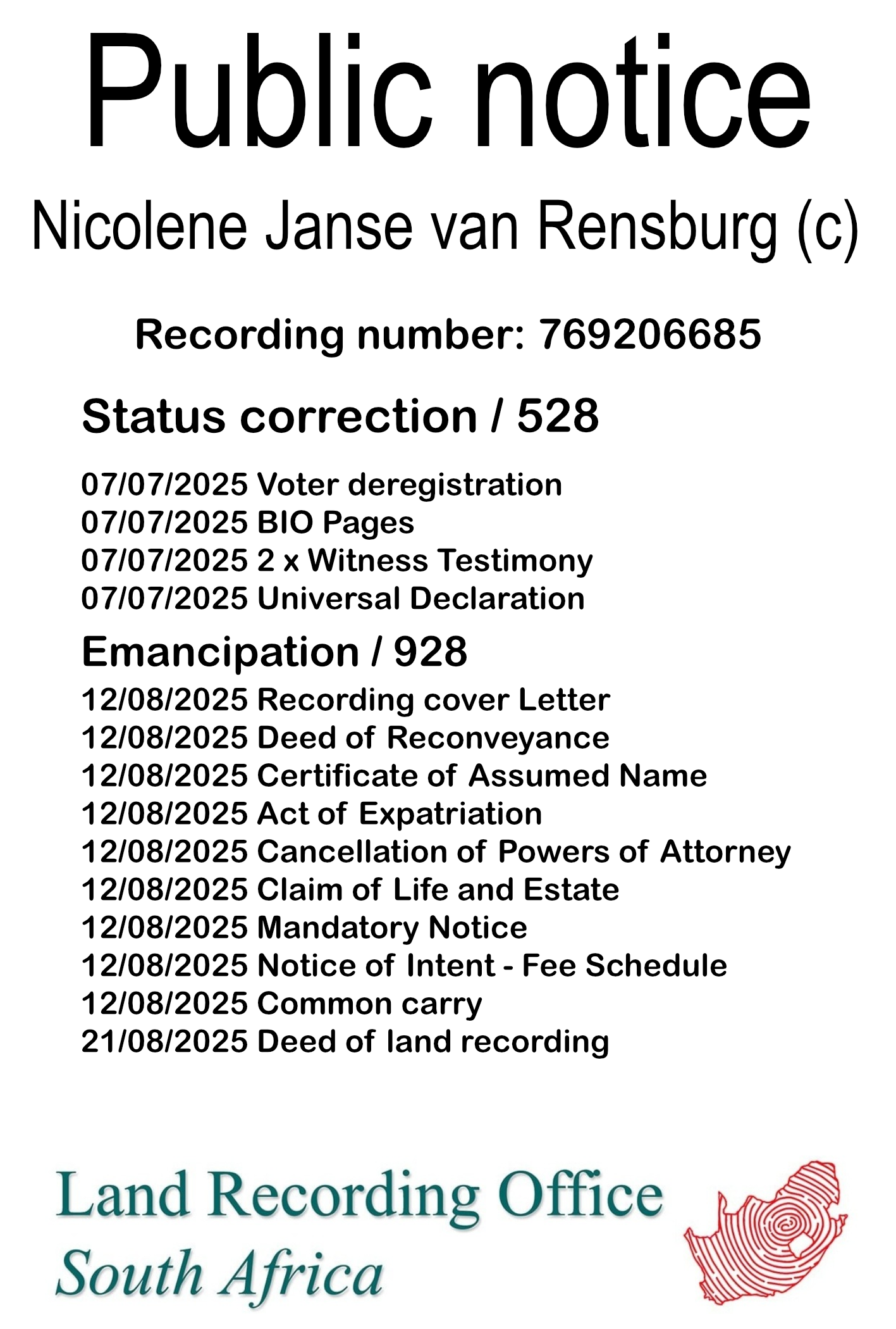 Public notice Nicolene Janse van Rensburg (c) Recording number 769206685